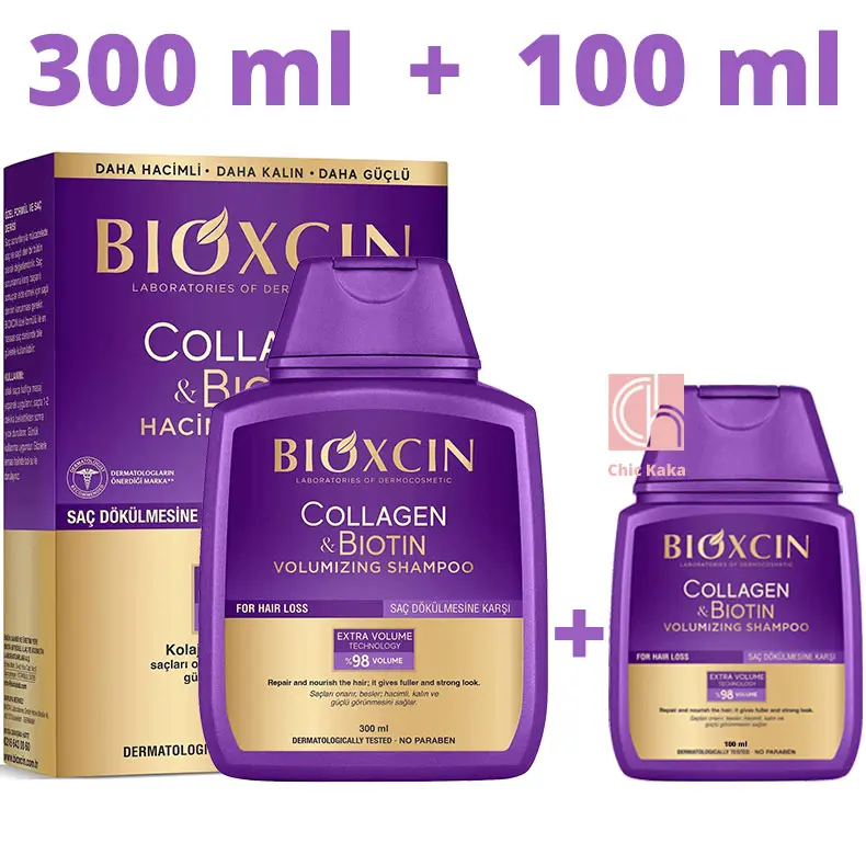شامپو ضد ریزش و حجم‌ دهنده بیوتین و کلاژن Collagen & Biotin (300 میل + 100 میل)